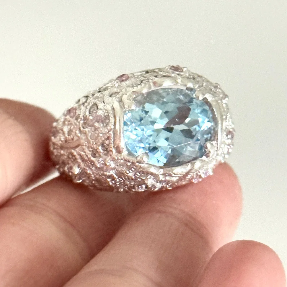 David Sigal 925 Sterling Silver Genuine Blue Topaz Pink CZ Statement Ring Size 9